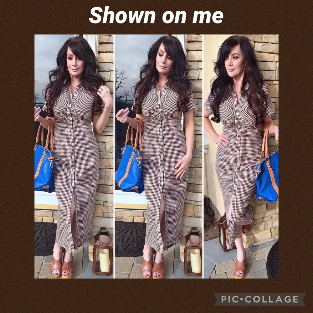 SHEIN Collared Buttoned Front Ruched Gingham Dress